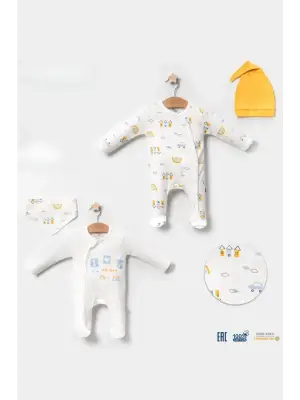 Araba Desenli Sarı 4lü Erkek Bebek Tulumu