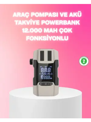 Araç Hava Pompası Ve Akü Takviye Powerbank 12.000 Mah Çok Fonksiyonlu