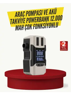 Araç Lastik Şişirme Pompası Ve Akü Takviye Powerbank Bir Arada