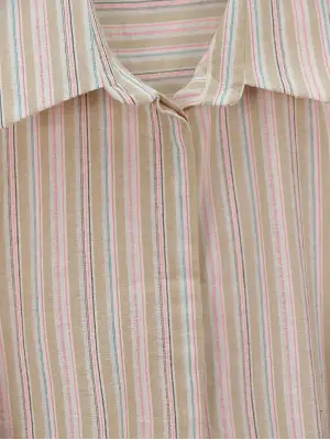 Arkası Uzun Kabartma Çizgili Oversize Gömlek -Vizon