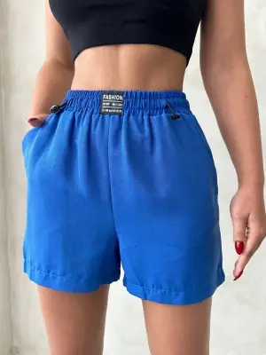 Saks Mavisi Keten Şort Kadın Giyim