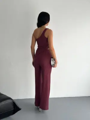 Asimetrik Crop Pantalon Ikili Takım - Gül Kurusu