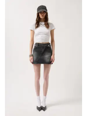 Omarı Asimetrik Kesimli Denim Mini Etek