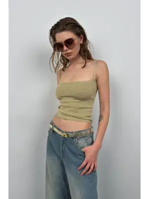 Askı Detay Parlak Triko Bluz