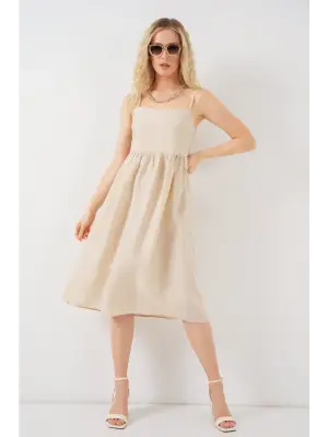 Askılı Ayrobin Elbise   - Krem