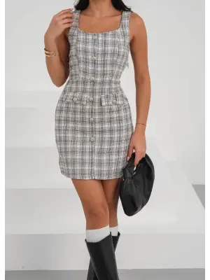 Askılı ch kumaş düğmeli elbise gribeyaz h265007