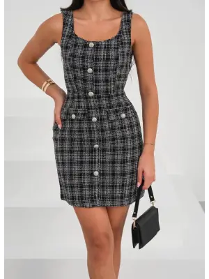 Askılı ch kumaş düğmeli elbise siyahbeyaz h265007