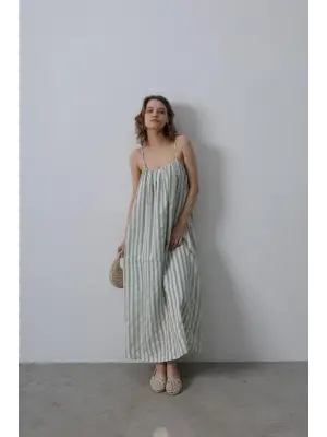 Askılı Çizgi Desen Elbise - Haki