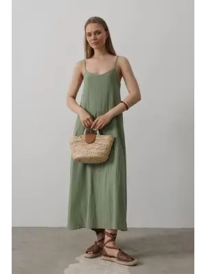 Askılı Uzun Çan Elbise - Haki