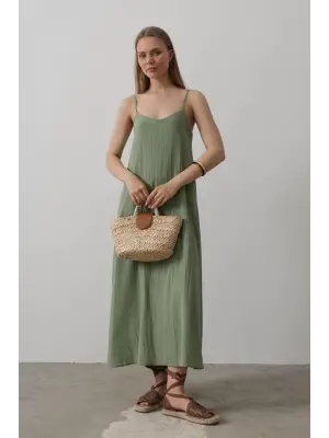 Askılı Uzun Çan Elbise - Haki