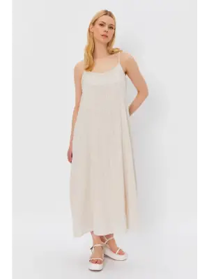 Askılı Uzun Çan Elbise - Natür