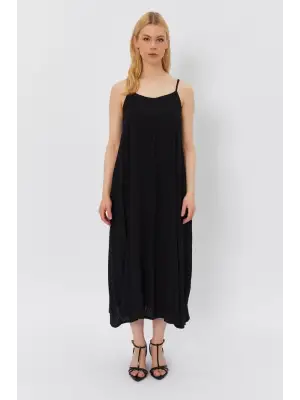 Askılı Uzun Çan Elbise - Siyah