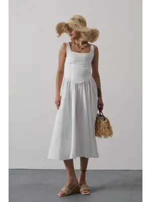 Omarı Zarif Beyaz Uzun Elbise