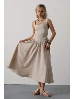 Askılı Uzun Elbise - Taş