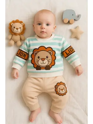 Aslan Desenli 2li % 100 Pamuk Erkek Bebek Takımı