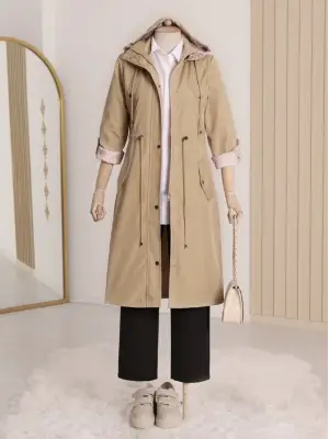 Astarı Çizgili Trençkot       -Açık Vizon