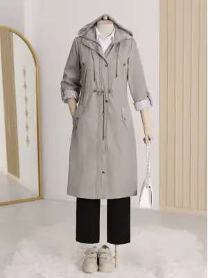 Astarı Çizgili Trençkot  -Gri