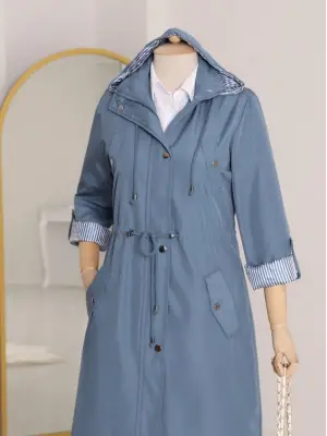 Astarı Çizgili Trençkot      -İndigo