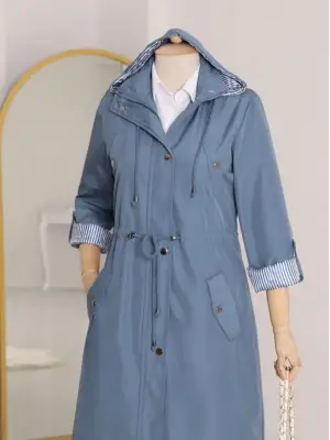 Omarı Çizgili Trençkot - İndigo Renk Seçeneği