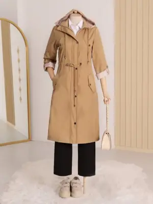 Omarı Çizgili Trençkot - Vizon-Tarzını Keşfet!