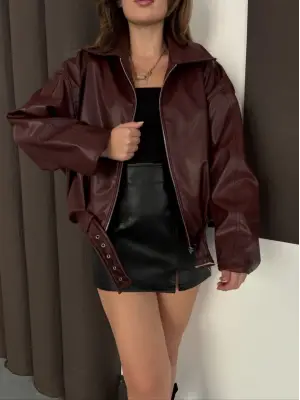 Astarlı kemerli pb deri ceket bordo onst