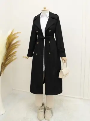 Astarlı Kemerli Trenckot -Siyah