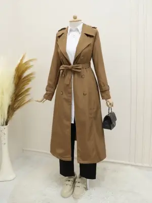 Omarı Kadın Taba Trençkot QIcon - İç Astarlı & Kemerli