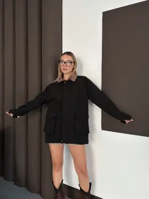 Astarlı yaka detaylı artos ceket siyah st2651019