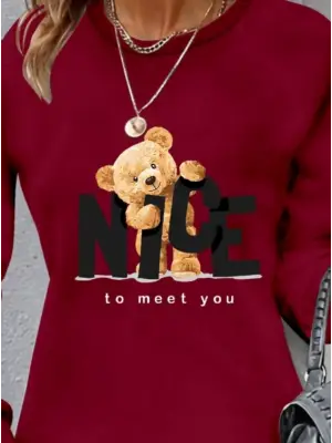 Omarı Hafif ve Rahat Ayı Desenli Elbise