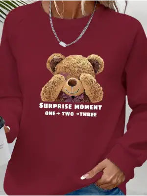 Omarı Şirin Ayıcık Desenli Uzun Kollu Viskon Bluz