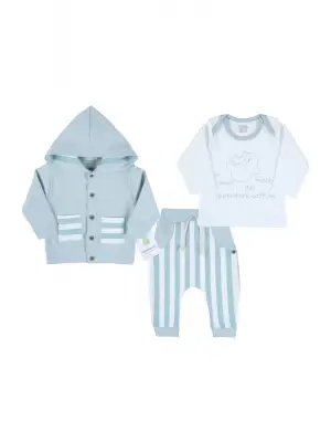 Ayıcık Nakışlı Hırkalı % 100 Pamuk Erkek Bebek Takım