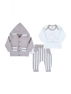 Ayıcık Nakışlı Hırkalı % 100 Pamuk Erkek Bebek Takım