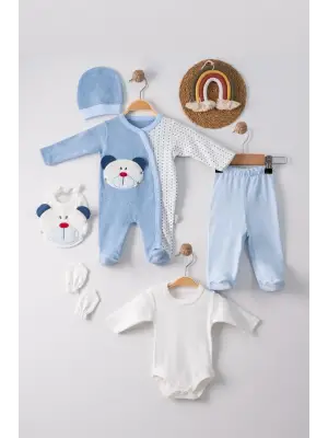 Ayıcık Nakışlı Tulumlu % 100 Pamuk Erkek Bebek 5li Set