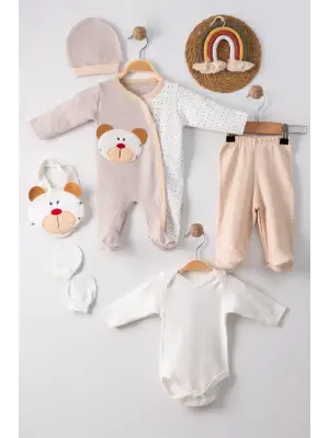 Ayıcık Nakışlı Tulumlu % 100 Pamuk Erkek Bebek 5li Set