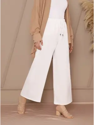 Bağcık Detaylı Bol Paça Beli Lastikli Pantolon -Beyaz
