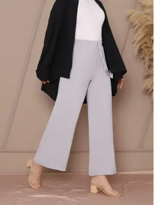 Omarı Gri Bol Paça Beli Lastikli Pantolon - Bağcık Detaylı