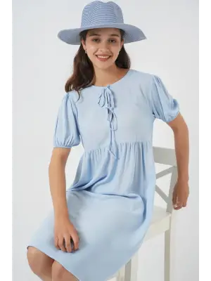 Bağcıklı Midi Elbise 2575 - Mavi