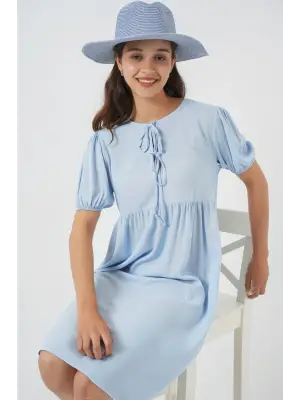 Bağcıklı Midi Elbise 2575 - Mavi