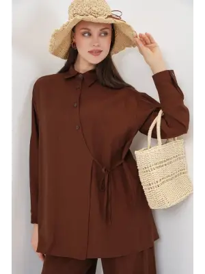 Bağcıklı Tunik Pantolon İkili Takım 6752 - Kahverengi