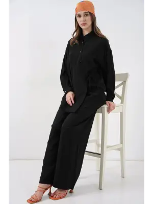 Bağcıklı Tunik Pantolon İkili Takım 6752 - Siyah