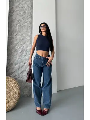 Baggy kar yıkama jeans pantolon koyu mavi d2007