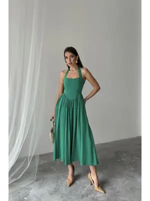 Omarı Zarif Bağlamalı Keten Elbise