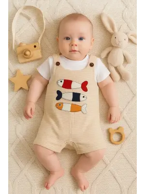 Balık Nakışlı Kısa Kollu Erkek Bebek Tulumu