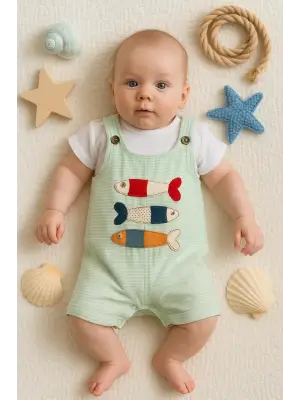 Balık Nakışlı Kısa Kollu Erkek Bebek Tulumu