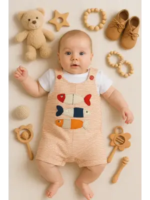 Balık Nakışlı Kısa Kollu Erkek Bebek Tulumu