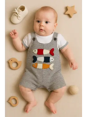 Balık Nakışlı Kısa Kollu Erkek Bebek Tulumu
