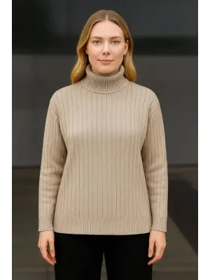 Balıkcı Yaka Bağazlı Triko Kazak Pamuklu Kalın Fitilli Dokuma - Bej