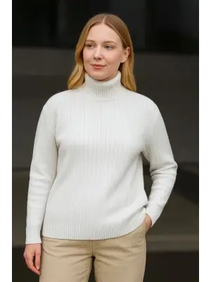 Balıkcı Yaka Bağazlı Triko Kazak Pamuklu Kalın Fitilli Dokuma - Beyaz