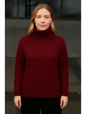 Balıkcı Yaka Bağazlı Triko Kazak Pamuklu Kalın Fitilli Dokuma - Bordo