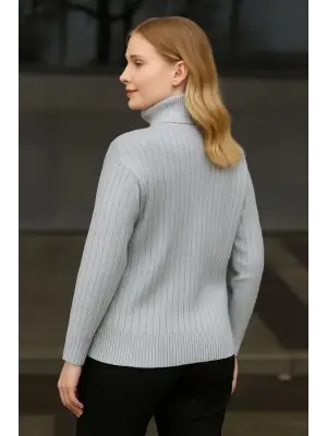 Balıkcı Yaka Bağazlı Triko Kazak Pamuklu Kalın Fitilli Dokuma - Gri